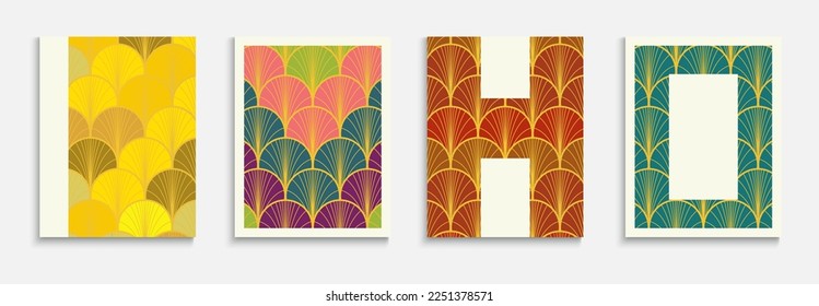 Chinese Golden Fan Simple Cover Set. Music Dynamic Edgy Textile Backgroud. Luxurious Kimono Texture. Geometric Stripes Folder. Bright Color Vintage A4 Print. Japanese Retro Layout Set.