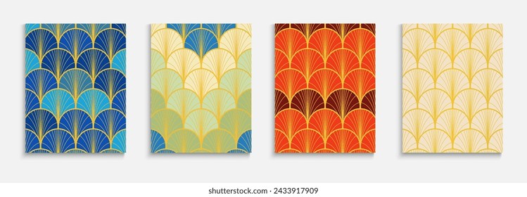 Chinese Golden Fan Simple Cover Set. Elegant Kimono Pattern. Geometric Stripes Folder. Bright Color Ethnic A4 Frame. Trendy Dynamic Geo Fabric Backgroud. Japanese Ancient Poster Set.