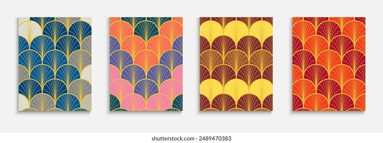 Chinese Golden Fan Simple Cover Set. Asian Ancient Cover Set. Traditional Kimono Design. Geometric Stripes Folder. Music Dynamic Hipster Textile Backgroud. Bright Color Vintage A4 Texture.