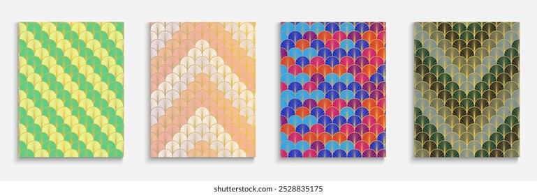 Chinese Golden Fan Simple Cover Set. Halftone Stripes Template. Asian Ethnic Poster Set. Traditional Geometric Design. Bright Color Vintage A4 Print. Trendy Dynamic Retro Fabric Backgroud.