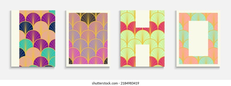 Chinese Golden Fan Trendy Cover Set. Simple Dynamic Soft Fabric Backgroud. Premium Kimono Frame. Geometric Stripes Cover. Bright Color Vintage A4 Texture. Japanese Ethnic Poster Set.
