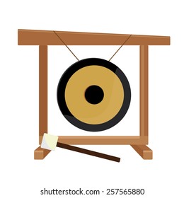 Chinese golden gong and hammer vector isolated, asian musical instrument, sport gong, traditional