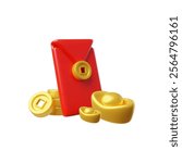 Chinese golden ingot and coins, red envelope 3D plastic style vector render illustration. Asian traditional lucky fortune, wealth and finance symbols. Realistic Lunar New Year gifts composition