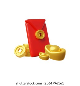 Chinese golden ingot and coins, red envelope 3D plastic style vector render illustration. Asian traditional lucky fortune, wealth and finance symbols. Realistic Lunar New Year gifts composition