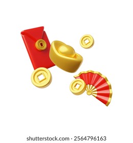 Chinese golden ingot and coins, red fan and envelope 3D plastic style vector render illustration. Asian traditional lucky fortune and finance symbols. Realistic Lunar New Year gifts composition