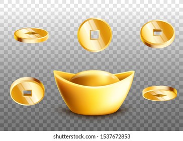 Chinese Golden Ingot And Gold Coins Set Isolated On Transparent Background - Realistic Ancient Money Currency And Good Luck Token Collection, Vector Illustration.