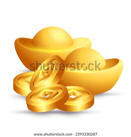 Chinese golden ingots and coins vector illustration with transparent background