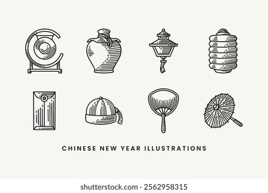 chinese gong, pottery, pagoda lantern, lamp, envelope, hat, handle fan, umbrella doodle line art style illustration element designs collection for chinese lunar new year merchandise and decoration