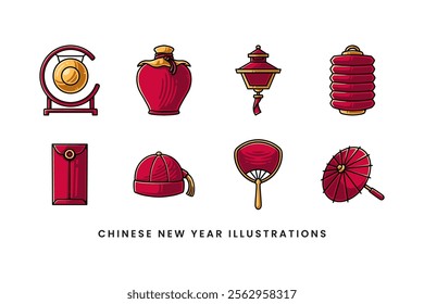 chinese gong, pottery, pagoda lantern, lamp, envelope, hat, handle fan, umbrella colorful style illustration element designs collection for chinese lunar new year merchandise and decoration