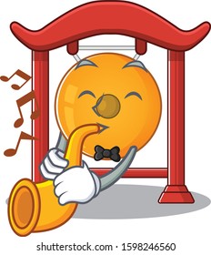 Chinese gong Scroll cartoon character design performance with trumpet