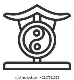 Chinese gong with symbols - icon, illustration on white background, outline style