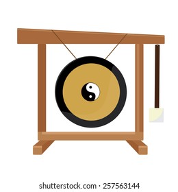 Chinese gong with yin and yang symbol and  hammer vector isolated, asian musical instrument, sport gong, traditional