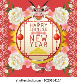Chinese good luck elements,cute cartoon vector illustration for invitation or greeting card,Chinese new year,Chinese dragon flowers and fruits