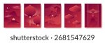 Chinese gradient poster set with lanterns, pagoda on mountain, koi fish and paper umbrellas on red background for festival design. Oriental art cards with gold line elements and traditional symbols.
