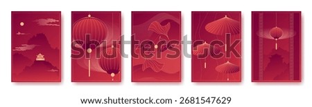Chinese gradient poster set with lanterns, pagoda on mountain, koi fish and paper umbrellas on red background for festival design. Oriental art cards with gold line elements and traditional symbols.