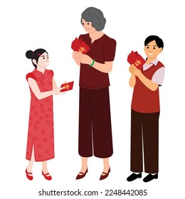 a Chinese grandma giving out lai see to children in Chinese new year, vector graphic, isolated in white background. translation on red pocket: luck