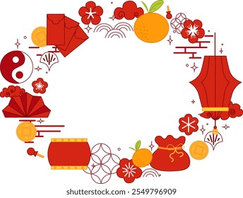 Chinese graphic illustration with cute red lanterns, plum blossoms, mandarin, gold coin and red envelope. Vector oval frame on transparent background
