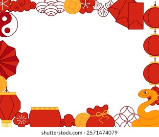 Chinese graphic line template with cute Snake, red lanterns, plum blossoms, mandarin, gold coin and red envelope. Vector frame on transparent background
