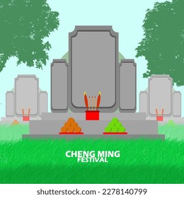 Chinese grave with incense holder and fruit offerings with bold text to commemorate Cheng Ming Festival on April in China