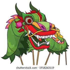 Chinese green costume with poles ready to perform the traditional dragon dance.