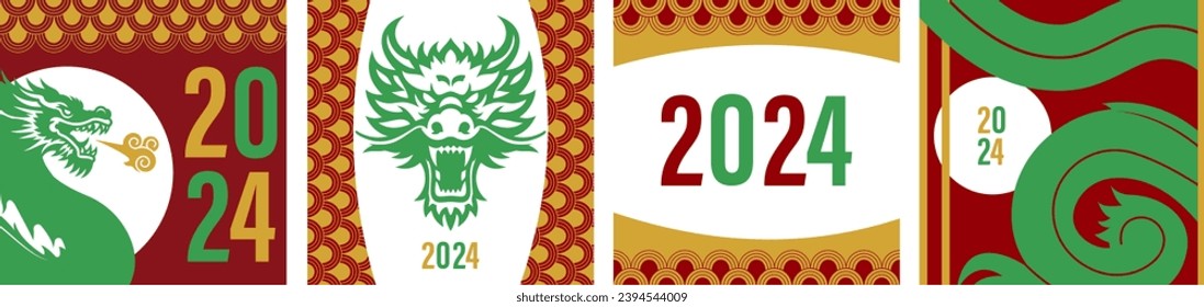 Chinese green dragon poster set. Symbol of Chinese new year. Dragon zodiac banner collection with number 2024 and traditional culture ornament decoration. Square composition.