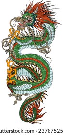 Chinese green dragon in a vertical position. A head facing towards the left side and baring its teeth, a serpent-like body, elegantly coiled around a central focal point. Traditional tattoo