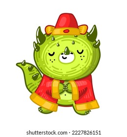 Chinese green dragon wear red hanfu in Chinese New Year 2024. Cuta character have relaxing time and wishing hapiness and prosperity