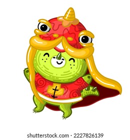Chinese green dragon wearing dragon head in Chinese New Year 2024. Cute Character spend Happy holiday on carnaval