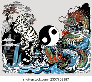 Dragón verde chino y encuentro de tigres blancos en la cascada. Animales celestes feng shui. Criaturas mitológicas unas frente a otras rodeadas de olas de agua. Símbolo de Yin Yang. Ilustración del vector