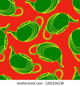 Chinese green linear teapots seamless square vector pattern against red background