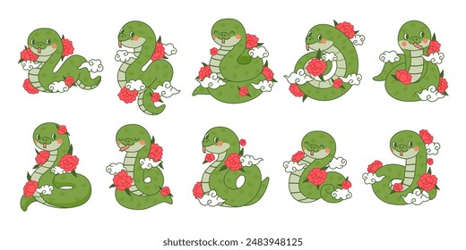 Chinese green snakes. Asian festival symbols. Cartoon cute snake with flowers and clouds. Zodiac horoscope animals. Happy character reptile in various poses. Vector set.