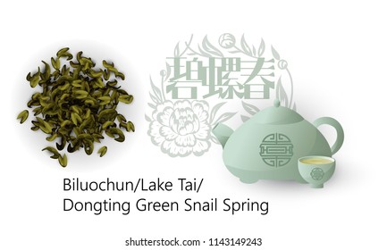 Chinese green tea Biluochun . Chinese signs mean the name of the tea -  Green Snail Spring