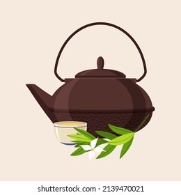 Chinese green tea teapot, kettle and a cup of tea with green branch. Tea of aromatic leaves and sweet tastes. Flat style vector illustration