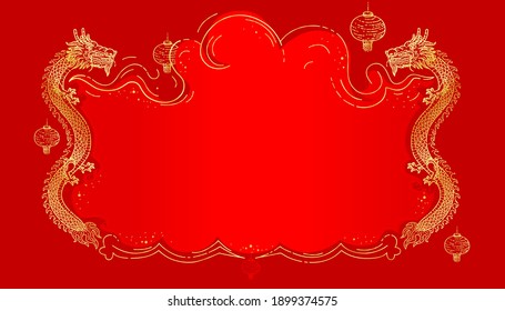 Chinese greeting or banner template decorate with gold dragon and frame. Vector illustration of lunar year background.