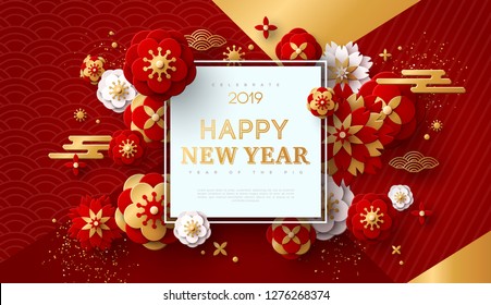 Chinese Greeting Card for 2019 New Year. Vector illustration. Golden Flowers, Clouds and Asian Elements on Modern Geometric Background with Square Frame.