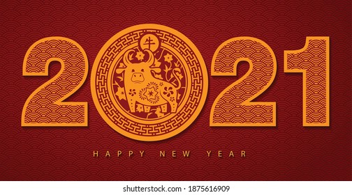 Chinese Greeting Card for 2021 New Year. Year of the ox. Red numbers with Asian ornament and a bull on a red background. Vector illustration