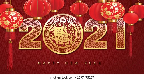 Chinese Greeting Card for 2021 New Year. Year of the ox. Red numbers with Asian ornament and a bull on a red background. Vector illustration