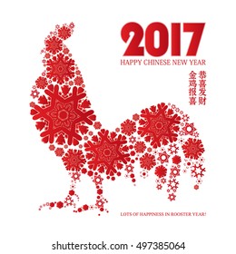 Chinese greeting card. Translation - Rooster reports - you will be happy and prosperous. Vector illustration