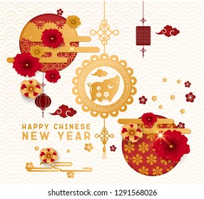Chinese Greeting Card with Zodiac Symbol for 2019 New Year. Vector illustration. Golden Boar in Emblem, Flowers and Asian Elements on White Background. 