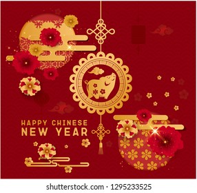 Chinese Greeting Card with Zodiac Symbol for 2019 New Year. Vector illustration. Golden Boar in Emblem, Flowers and Asian Elements on Red Background. 
