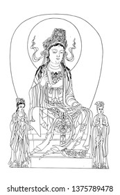 Chinese Guanyin Bodhisattva Line Drawing