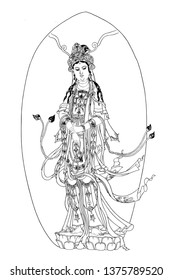 Chinese Guanyin Bodhisattva line drawing