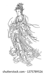 Chinese Guanyin Bodhisattva Line Drawing