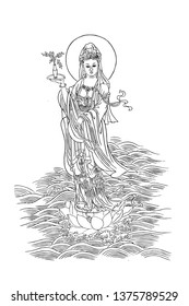 Chinese Guanyin Bodhisattva Line Drawing