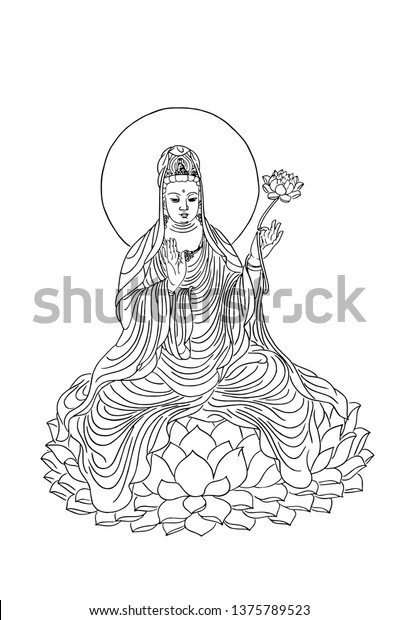 Chinese Guanyin Bodhisattva Line Drawing Stock Vector (Royalty Free ...