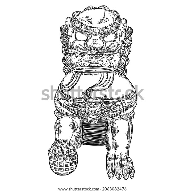 Chinese Guardian Lion Statue Hand Drawn Stock Vector (Royalty Free ...