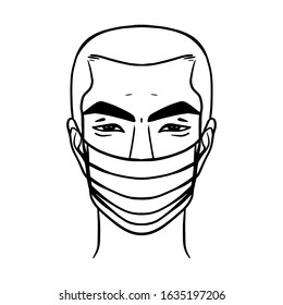 Chinese guy in a medical mask. Hand-drawn linear concept of Coronavirus. Cartoon illustration isolated on a white background.