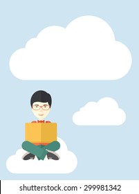 A chinese guy sitting on a cloud having a great idea while reading a book. Business concept. A Contemporary style with pastel palette, soft blue tinted background with desaturated cloud. Vector flat