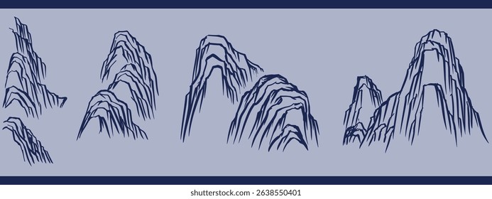 Chinese Hand Drawn Mountain Vector Illustration – Minimal Landscape Line Art in Ink Style for Eastern Design Themes, Book Covers, and Decor Elements