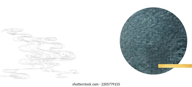 Chinese hand drawn wave decorations with Circle shape watercolor texture in vintage style. Abstract art landscape with gold texture element.